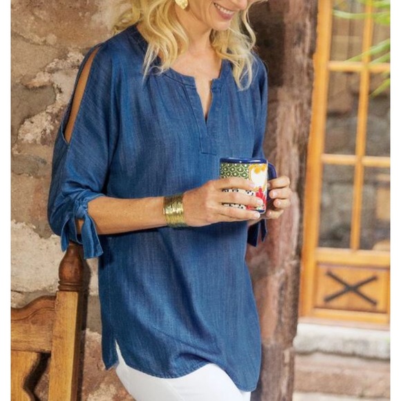 Soft Surroundings Tops - Soft Surroundings Chambray Cold Shoulder Top